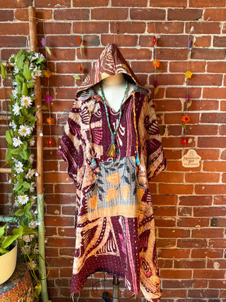 Sierra Dreams Reversible 100% Cotton Kantha Poncho Tunic Hoodie Beach Coverup - Fair Trade Made