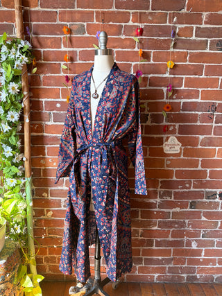 Blue + Red Long Tapestry Robe Kimono w/ Pockets + Belt - Fair Trade Made
