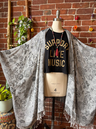Gray Sky Goddess Flowy Woven Fringe Kimono Ruana - Made In Canada