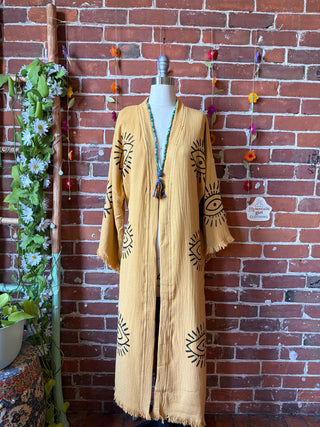 Mustard Yellow Evil Eye 100% Cotton Kimono Robe  - Fair Trade Made