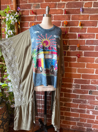 Tie Dye Festival Hippie Bus Hybrid Sage Embroidered Hi Lo Top