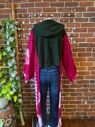 OOAK Autumn Collection - Upcycled Embroidered Butterfly Cropped Hybrid Hi Lo Tie Dye Hoodie