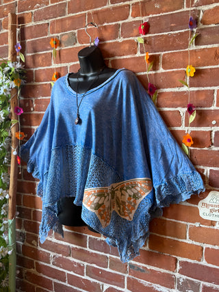 OOAK Summer Collection - Upcycled Luna Butterfly Flowy Trapeze Style Top 🦋 Blue