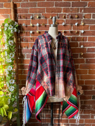 OOAK Winter Collection- Birdsong Rainbow Blanket + Bleach Plaid Button Up Wing Style Poncho Jacket