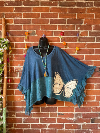 OOAK Summer Collection - Upcycled Luna Butterfly Flowy Trapeze Style Top 🦋 Slate Blue