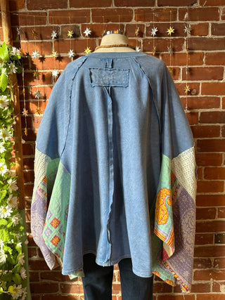 OOAK Autumn Collection- Birdsong Kantha Wing Style Flower Patch Poncho Sweatshirt
