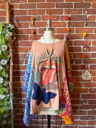 OOAK Summer Collection- Upcycled Rolling Stones Inspired Vintage Butterfly Patch Kantha Poncho Tee