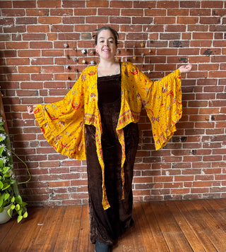 Golden Yellow Sun, Moon + Stars Celestial Cropped Bell Sleeve Wrap Top