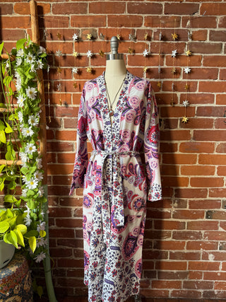 Pink Purple Mandala Long Tapestry Robe Kimono with Pockets and Belt