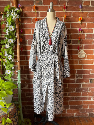 Black + Grey Mandala Long Tapestry Robe Kimono w/ Pockets + Belt - Fair Trade Made
