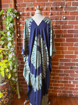 Laila Autumn Spiral Tie Dye Kaftan Dress - indigo/green