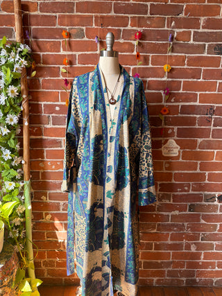 Teal + Blue Elephant Long Tapestry Robe Kimono w/ Pockets + Belt - Fair Trade Made