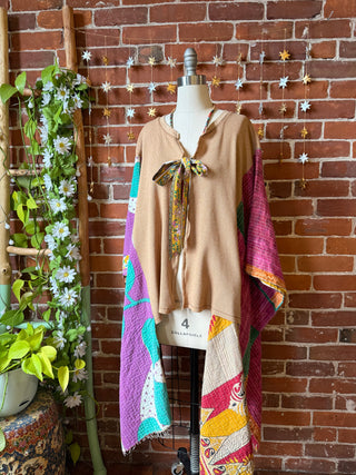 OOAK Winter Collection - Upcycled Waffle Knit Kantha Poncho Hi Lo Kimono