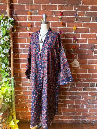 Blue + Red Long Tapestry Robe Kimono w/ Pockets + Belt - Fair Trade Made