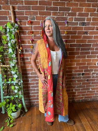 Twilight Reversible Kantha Long Hooded Duster Vest