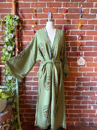 Sage Evil Eye 100% Cotton Kimono Robe  - Fair Trade Made