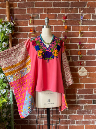OOAK Autumn Collection- Upcycled Vintage Embroidered Kantha Hi Lo Poncho Top