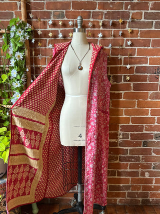 Twilight Reversible Kantha Long Hooded Duster Vest
