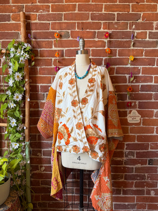 OOAK Summer Collection- Upcycled Embroidered Kantha Flowy Hi Lo Poncho Jacket