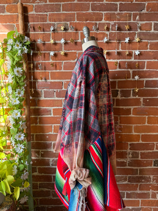 OOAK Winter Collection- Birdsong Rainbow Blanket + Bleach Plaid Button Up Wing Style Poncho Jacket