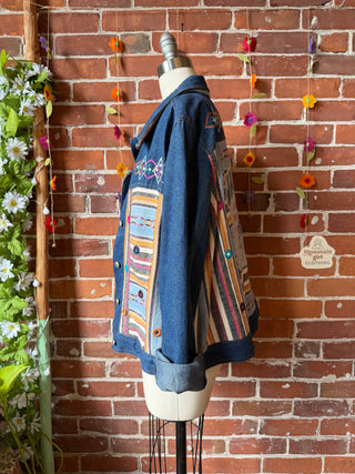 OOAK Summer Collection- Upcycled Pearl Classic Rock Inspired Geometric Woven Embrdoiered Denim Jacket Size XL/2XL