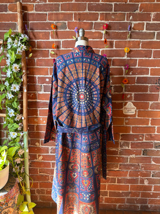 Blue Red Brown Mandala Long Tapestry Robe Kimono with Pockets and Belt