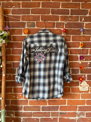 OOAK Autumn Collection- Unisex Size Small Upcycled Rolling Stones Inspired Button Up Plaid Flannel Top