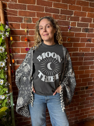 Gray Sky Fringe Cocoon Shawl Reversible Kimono - 100% Cotton