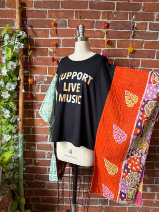 OOAK Summer Collection- Upcycled Support Live Music Hi Lo Kantha Poncho Tee