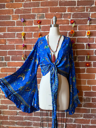 Blue Sun, Moon + Stars Celestial Cropped Bell Sleeve Wrap Top