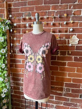 Floral Blooms Butterfly Mineral Wash TShirt - Merlot