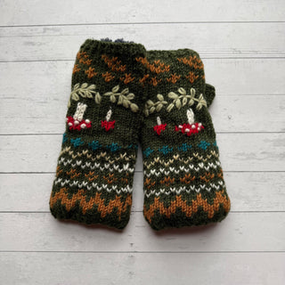 Mushroom Fair Isle Fleece Lined Wool Handwarmers / Fingerless Gloves