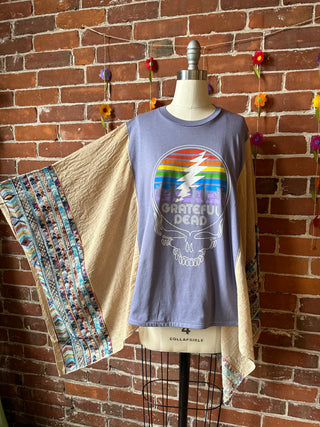 Upcycled Grateful Dead Inspired Lavender/Taupe Embroidered Poncho Top