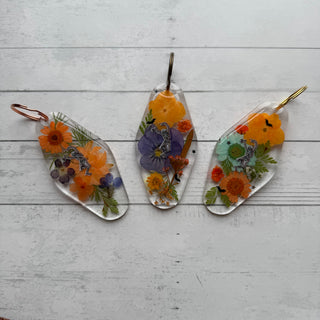 Pressed Flower Dancing Skeleon Keychain - Small Business Made!