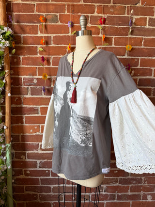 OOAK Summer Collection- Upcycled Pink Tour 2023 Inspired Eyelet Lace Bell Sleeve Tee - Size Large