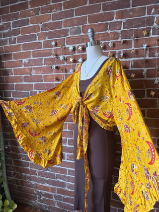 Golden Yellow Sun, Moon + Stars Celestial Cropped Bell Sleeve Wrap Top