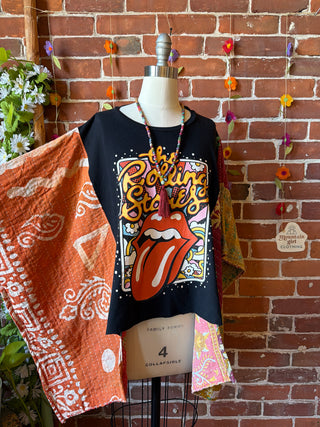 OOAK Summer Collection- Upcycled Rolling Stones Kantha Poncho Hi Lo Tee