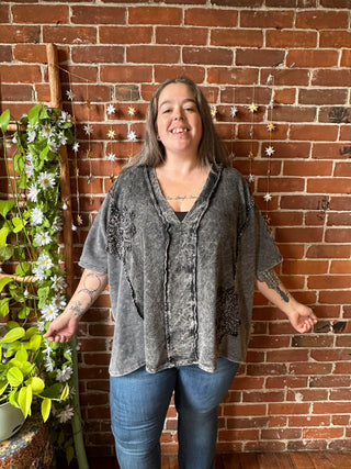 In Zen Mode Doily V-Neck Poncho Top - In Charcoal + Olive