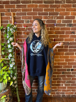 OOAK Autumn Collection- Upcycled Grateful Dead Inspired Hi Lo Kantha Poncho Hoodie