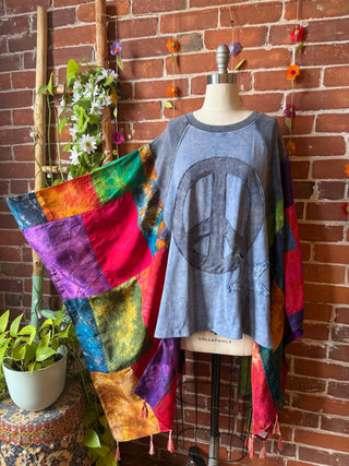 Peace Patch Upcycled Silk Patchwork Tie Dye Hi Lo Poncho Top