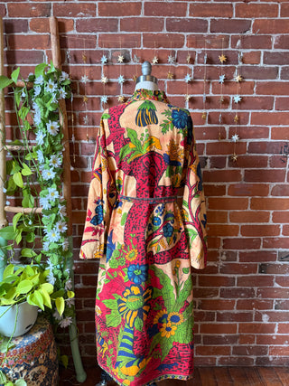 Tree of Life Tie Dye Long Tapestry Robe Kimono with Pockets and Belt