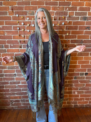 Turquoise + Purple Goddess Flowy Woven Fringe Kimono Ruana