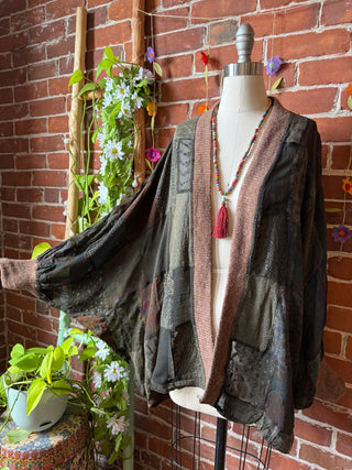 Autumn Stroll Patchwork Batwing Sleeve Kimono Layer - Dark Earth Tones