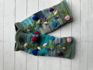 Floral Vine Fleece Lined Wool Handwarmers / Fingerless Gloves - Fair Trade Made