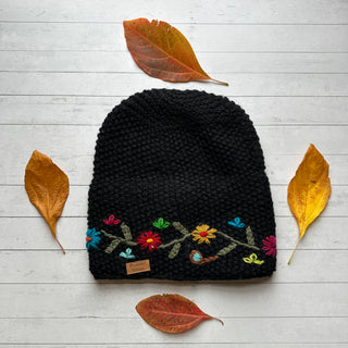 Black Floral Embroidered Wool Beanie Hat