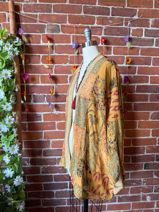 Autumn Stroll Patchwork Batwing Sleeve Kimono Layer - Warm Earth Tones