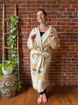 Evil Eye Golden/Blue 100% Cotton Hoodie Kimono Robe  - Fair Trade Made