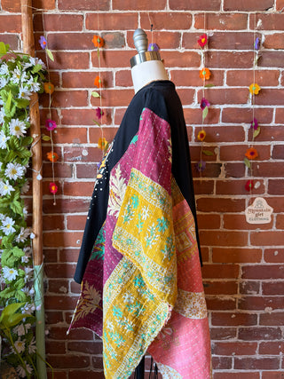 OOAK Summer Collection- Upcycled Rolling Stones Kantha Poncho Hi Lo Tee