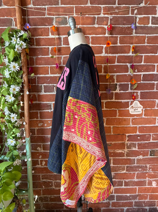 OOAK Autumn Collection- Upcycled The Beatles Inspired Kantha + Plaid Poncho Tee