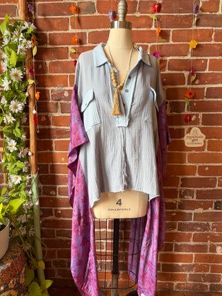 OOAK Summer Collection- Upcycled Cotton and Recycled Sik Sari Pullover Hi Lo Poncho Top